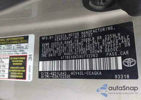 2008 Toyota Camry Xle z USA, uszkodzony, nr VIN 4T1BE46K58U732263